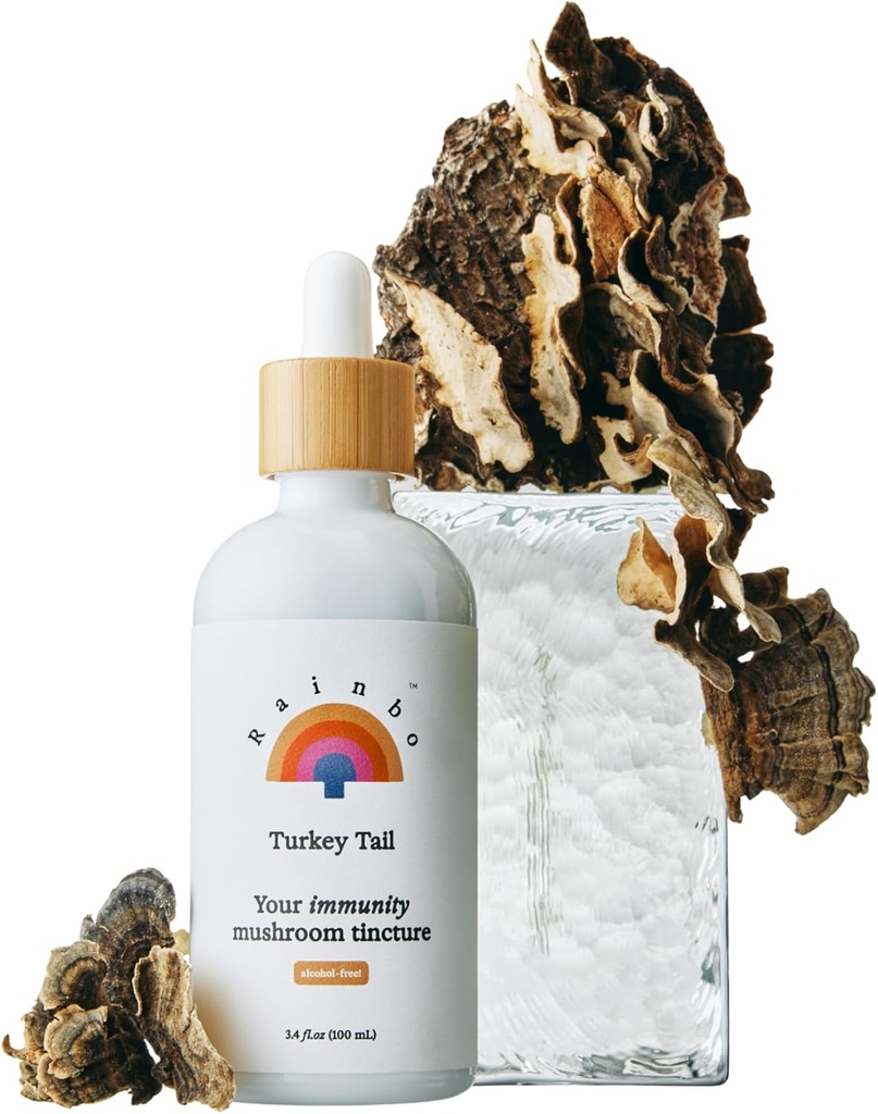 Rainbo - Tyrkiet Tail Mushroom Tinktur - Alkohol fri - Dual Extract Mushroom Supplement - immunforsvar, Gut Health, flydende Tyrkiet Tail Supplement, Vegan, Ikke GMO, 3.4 fl oz
