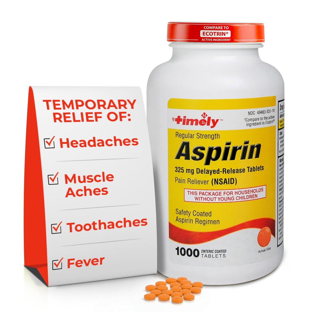 TIME-CAP LABS, INC. Timebasis Regelmæssig styrke Aspirin 325mg - 1000 Enteric Overtrukket Tablets - Pain Reliever for Minor Aches and Pains, Fever Reducer - Made in USA