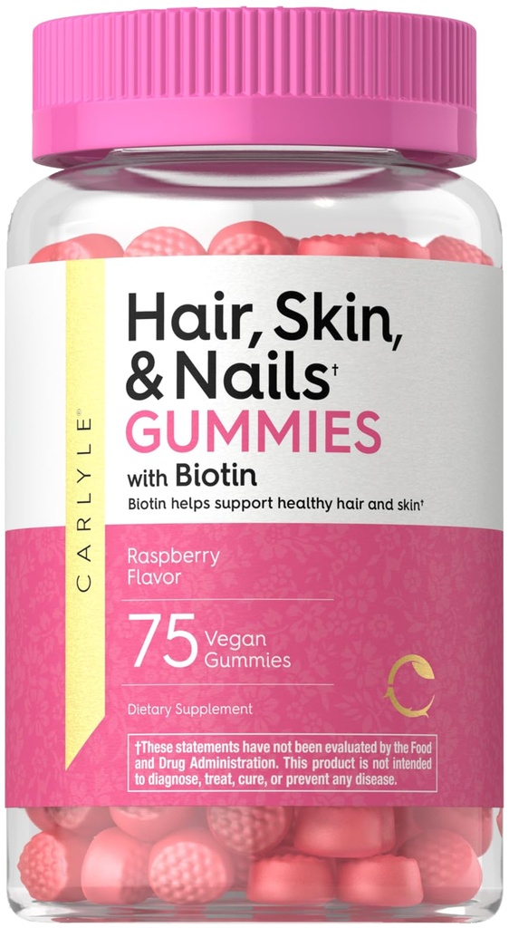 Carlyle hår hud og negle Vitaminer; 75 Gummier • 124; med biotin og kollagen • 124; Gummy supplement til kvinder • 124; Strawberry Flavor • 124; Non-GMO, Gluten Free