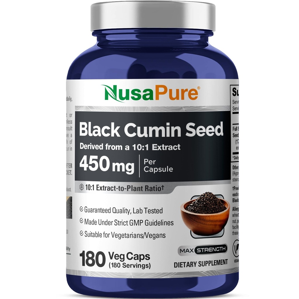 NusaPure Full Spectrum Black Cumin Seed 10: 1 Extract, 450 mg Ækvivalent med 4, 500 mg 180 Veggie Powder Caps Non- GMO, Vegan Non- Oil