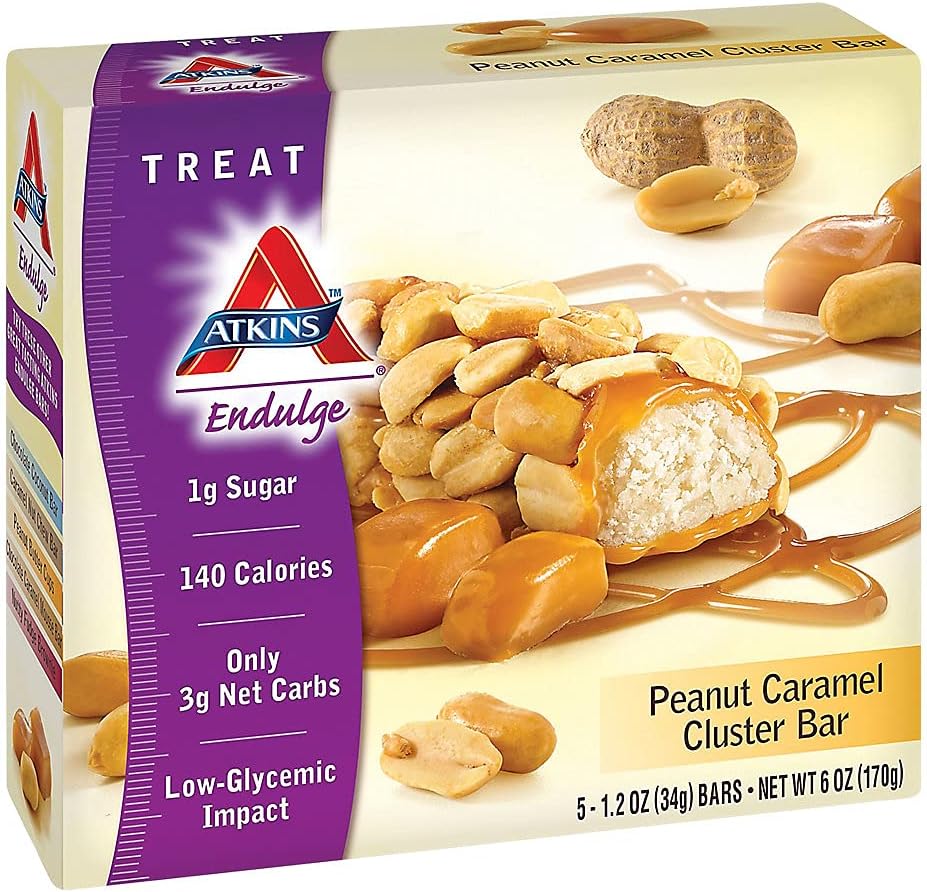 Atkins Peanut Caramel Cluster Bar, Dessert Favorite, High in Fiber, 3g Net Carb, 1g Sukker
