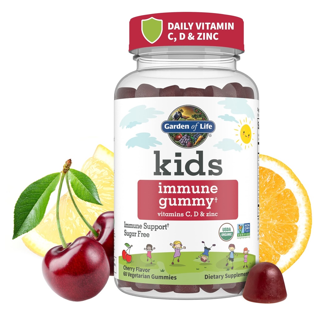 Livets have Kids immunforsvar Gummier med vitamin C, D som D3 & Zink til 31- 1 Daglig Børns Immunitet - Økologisk, Non- GMO, Gluten- Gratis, Vegetarisk, Sukker fri, Cherry Flavor, 30 dages forsyning