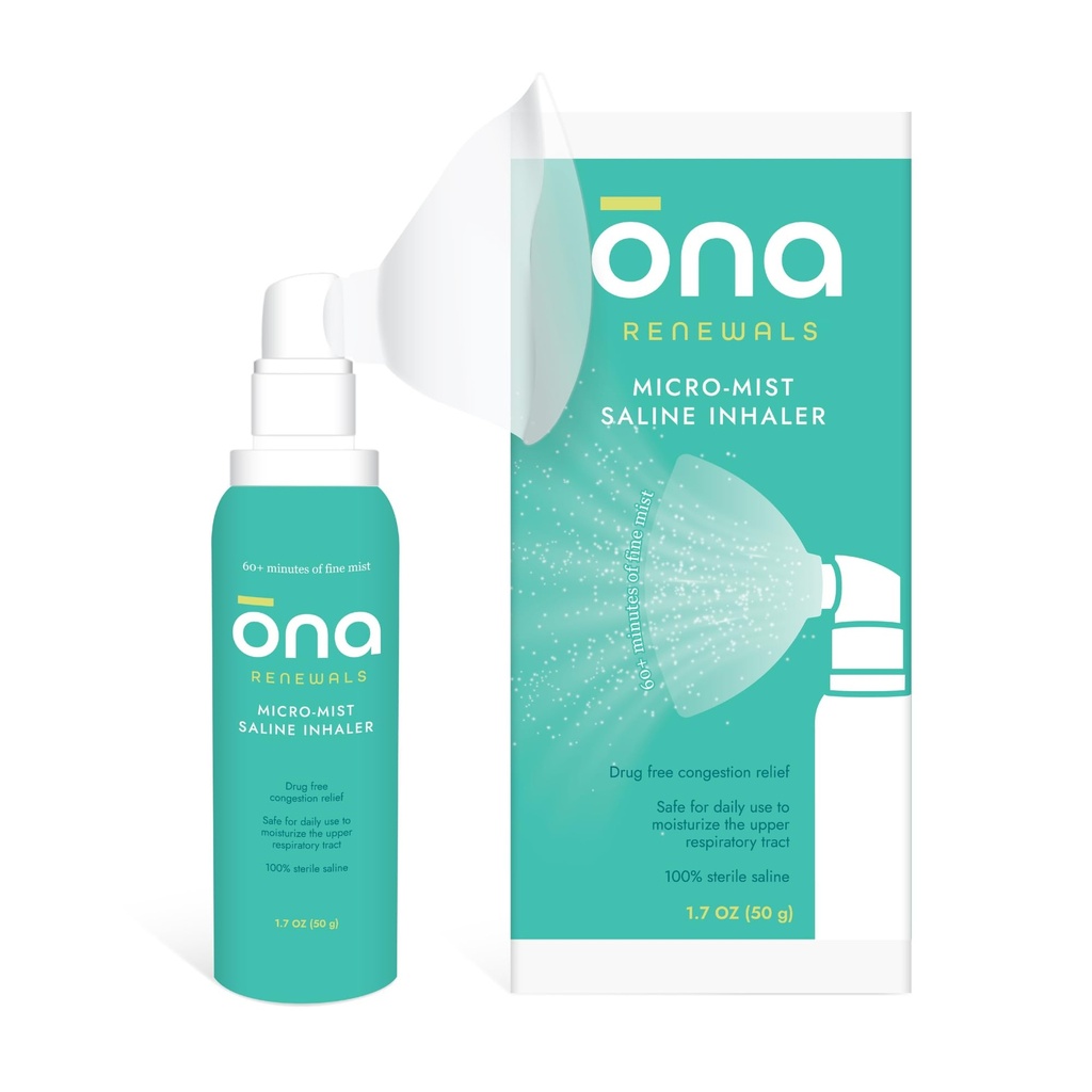 ONA Fornyelser Saline micro- Mist Nasal Inhaler, Congestion Relief for voksne, Cold and Flu, Allergi, Sinus Relief, Undufted, 1.7oz