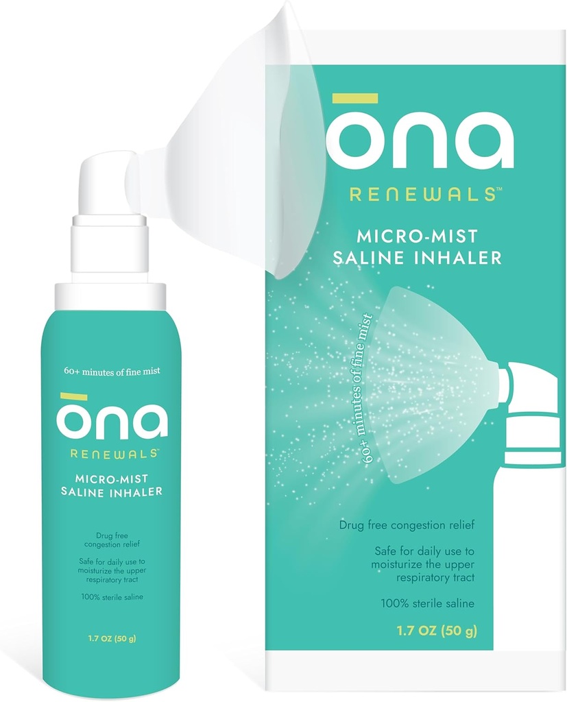 ONA Fornyelser Saline micro- Mist Nasal Inhaler, Congestion Relief for voksne, Cold and Flu, Allergi, Sinus Relief, Undufted, 1.7oz