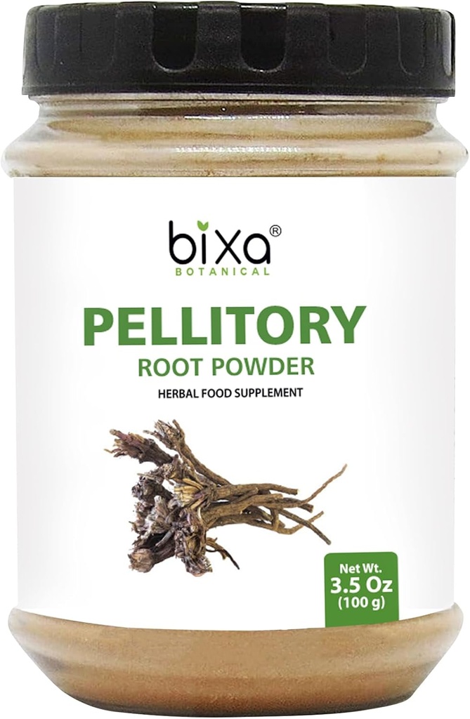 bixa BOTANITIC Pellential Root Powder against 124; Anacyclus Pyrethrum / Akaratum against 124; Ayurvedic Herbal Support 124; Gluten Free, Non- GMO, Steam Treated, Vegan, 100% Pure (3.5 Ounce (Pack of 1), Pellyte Root Powder)