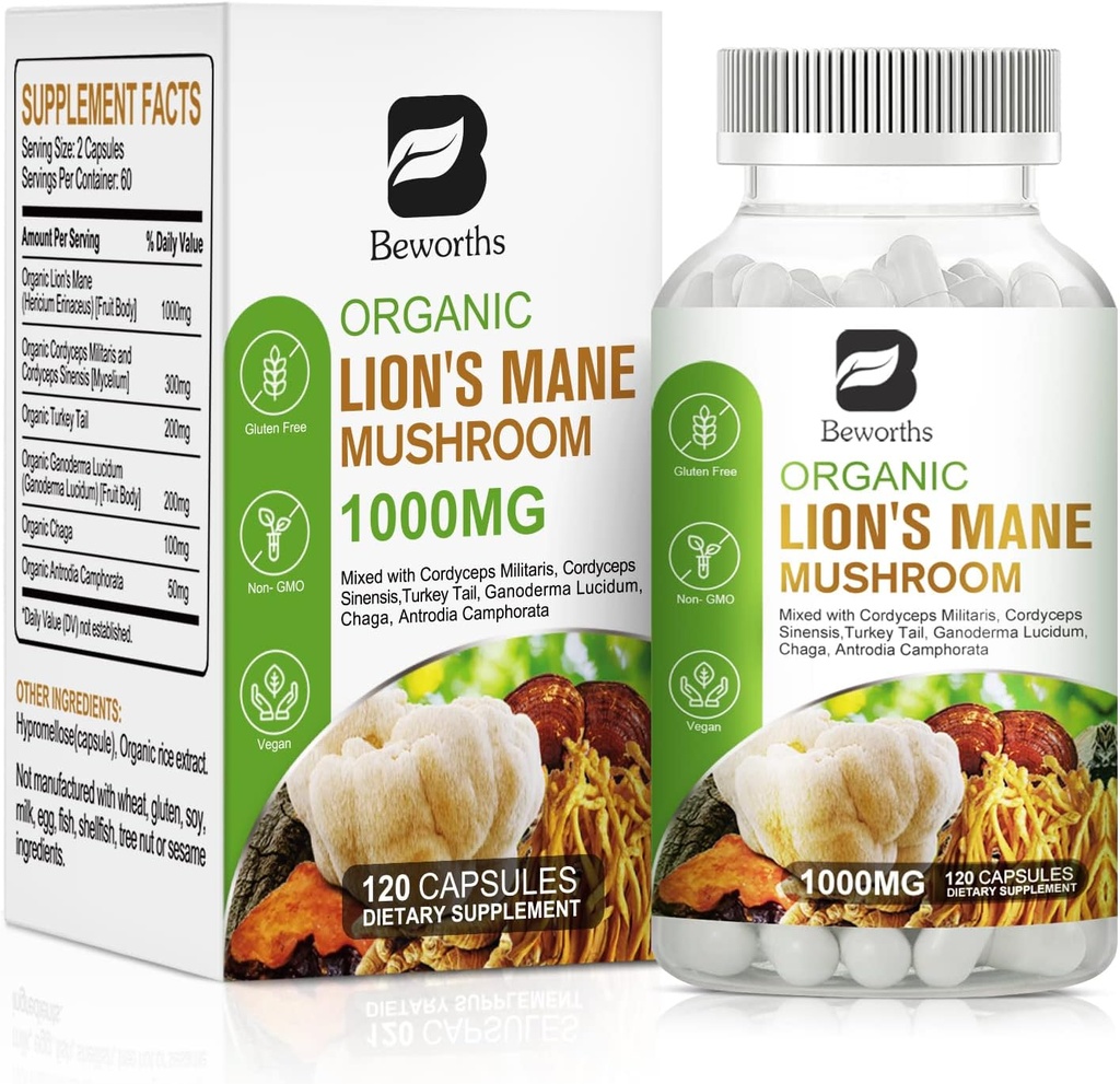 Løve 's Mane Mushroom - 120 Capsules Yep 124; Organic Lions Mane Turkey Tail Mushroom Supplement Complex 124; Cordyceps, Chaga, Tyrkiet Tail, Reishi Mep 124; Mental Klarhed, Focus Memory, Brain & Immunboost