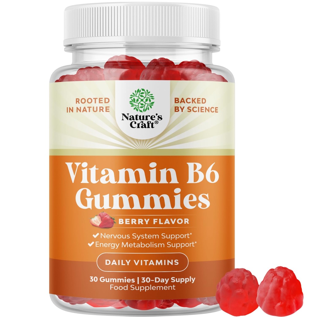 Potent vitamin B6 Gummier for voksne - Potent vitamin B Complex Kosttilskud til mænd og kvinder til nervesystem Support Mood & Immunsystem - Vegan Pyridoxin Chews for Energy & Metabolisme - 30 Ct