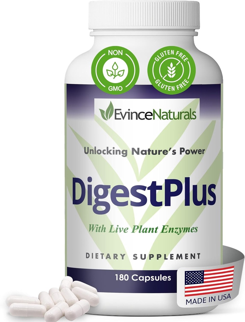 DigestPlus Digestive Enzymes - Plant-Based Enzymes for Digestion Support, Helps Reduce Bloating & Gas - Pure Enzyme Formula for Nutrient Absorption - Digestion Supplement, 180 Capsules