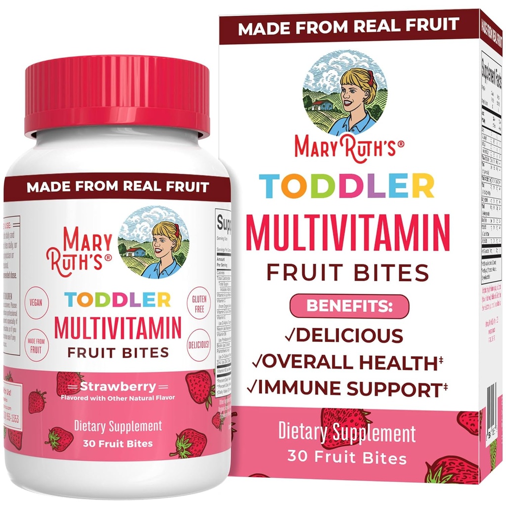 Kids Multivitamin Fruit Bites by MaryRuth 's Memory 124; Toddler Multivitamin Age 1 & Up Memory 124; Immunsupport Supplement 124; Kids Vitamin 124; D-vitamin 124; C-vitamin 124; Vegan 124; 30 Servering