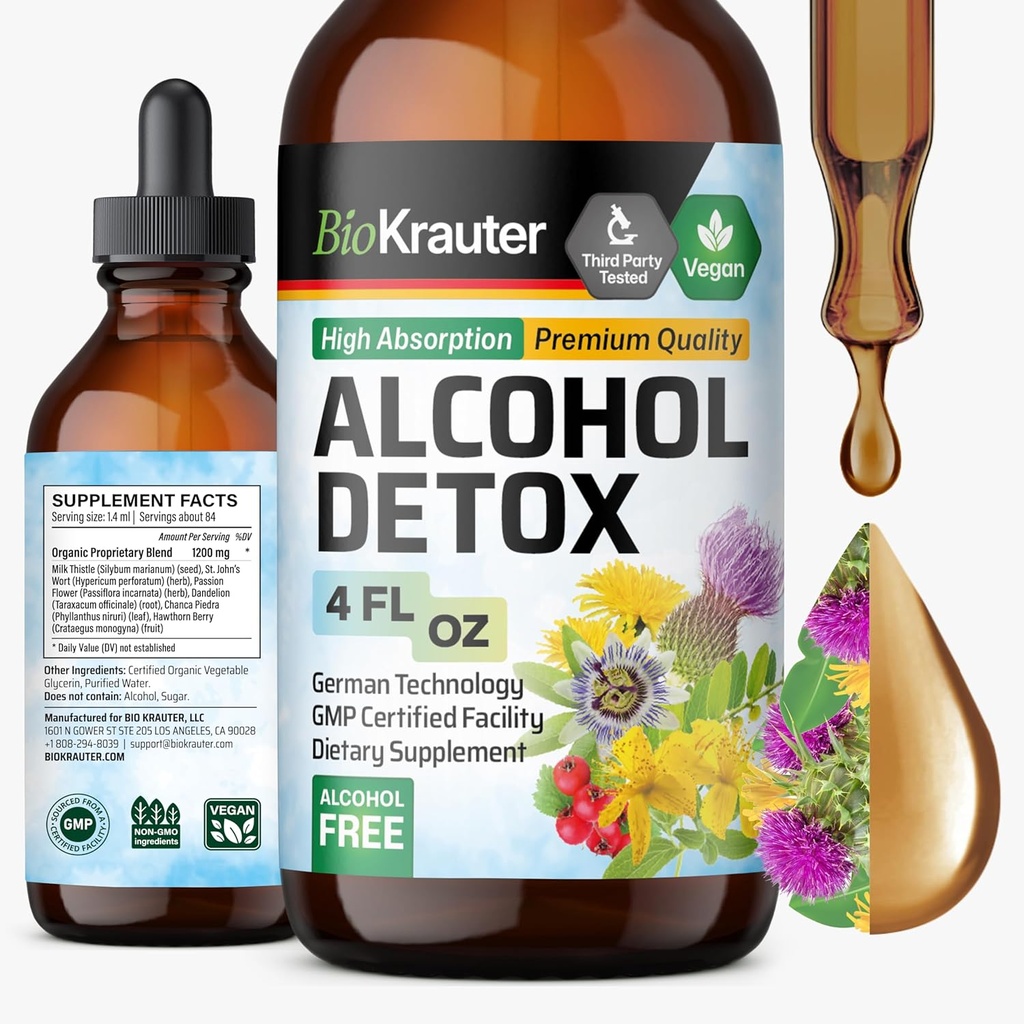 BIO KRAUTER Alkohol Detox Tinktur - Lever Rengøring Formel - Mælk Thistle & Mælkebøtte - Lever Detox flydende ekstrakt - Alkohol og sukker fri - Vegan Drops 4 Fl.Oz.