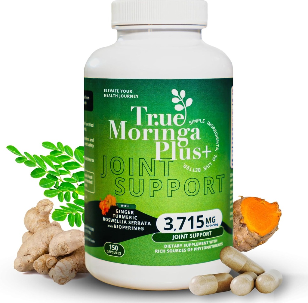 True Moringa Plus + fælles støtte supplement 10: 1 Uddrag 124; 20,000mg af økologiske Moringa, gurkemeje Curcumin, Ingefær, Boswellia, BioPerine, 124; Ekstra styrke urteantioxidant til voksne (150 kapsler)