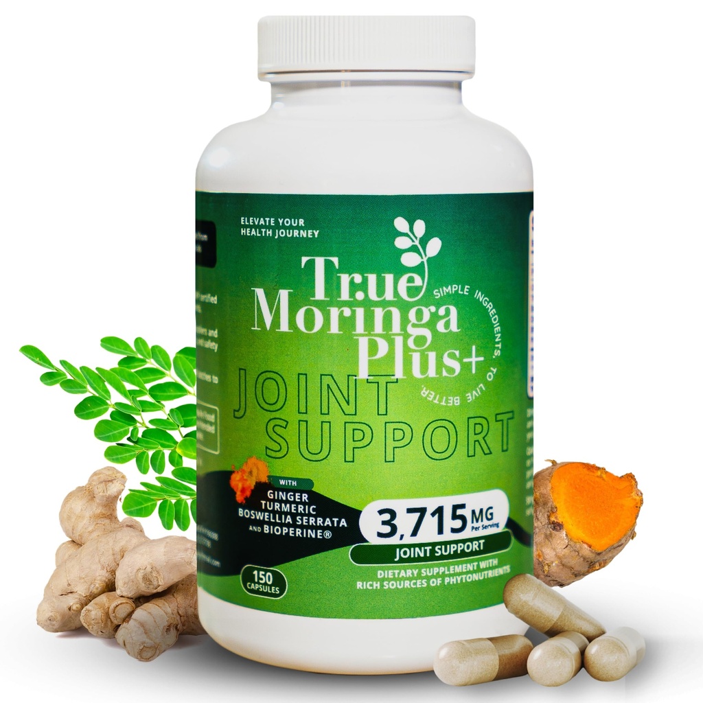 True Moringa Plus + fælles støtte supplement 10: 1 Uddrag 124; 20,000mg af økologiske Moringa, gurkemeje Curcumin, Ingefær, Boswellia, BioPerine, 124; Ekstra styrke urteantioxidant til voksne (150 kapsler)