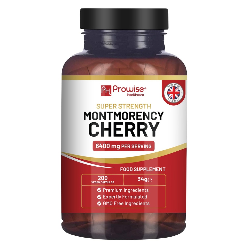 Montmorency Cherry 6400mg - 200 Tart Cherry Kapsler - Natural Tart Cherry Extract Supplement for Mænd & Kvinder - Super Strength, Gluten Free, Vegan og GMO Free - Made in The UK by Prowise