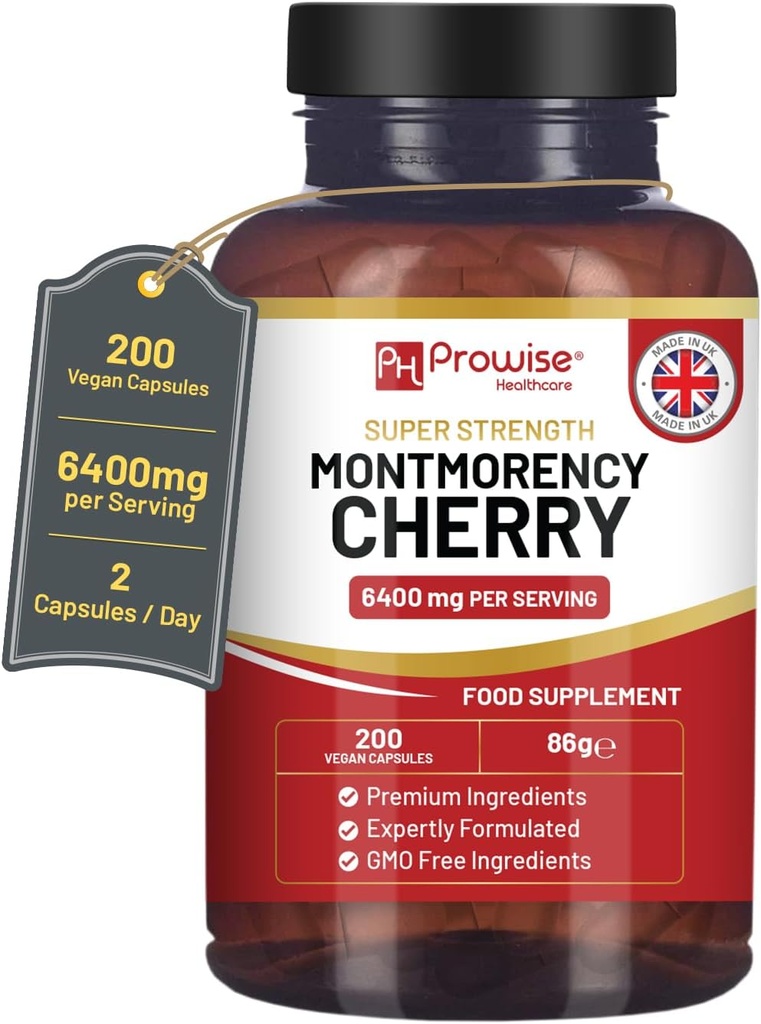 Montmorency Cherry 6400mg - 200 Tart Cherry Kapsler - Natural Tart Cherry Extract Supplement for Mænd & Kvinder - Super Strength, Gluten Free, Vegan og GMO Free - Made in The UK by Prowise