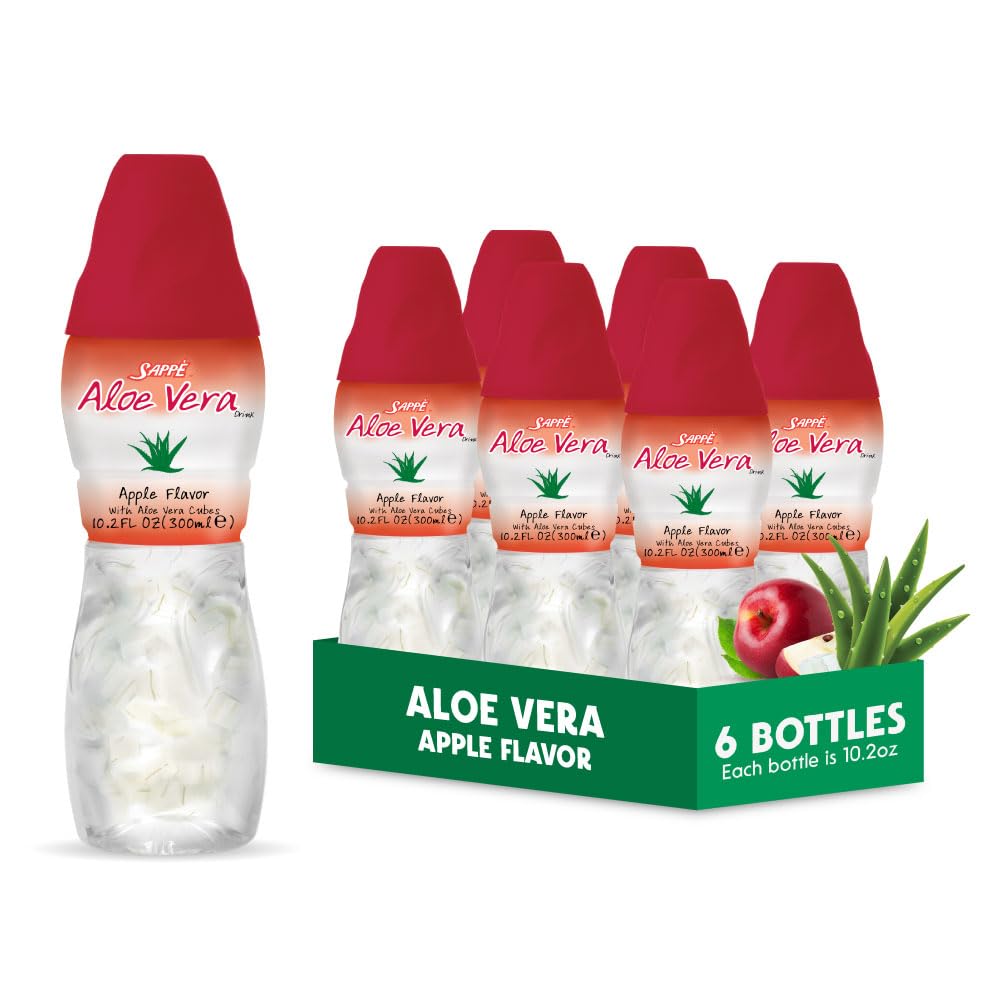 Aloe vera juice (Æblesmag) med større stykker ren aloe pulp (6 Pakker) Plantebaseret juice stor til hydrering og indeholder store aloe papirmasse. Det er sundt for voksne og børn