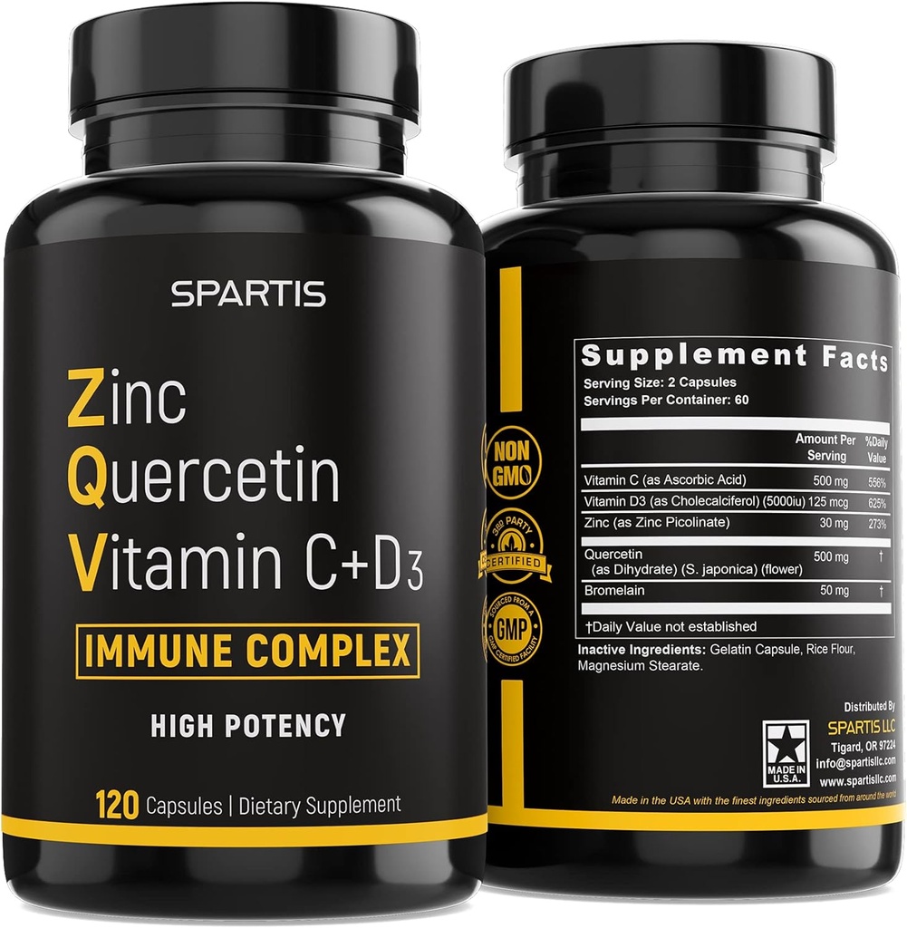 Zink Quercetin 500 mg med vitamin C Vitamin D3 Bromelain immunsupport Høj potens Quercetin ZQV ved SPARTIS (pakning med 1 flaske ved 120- Caps)