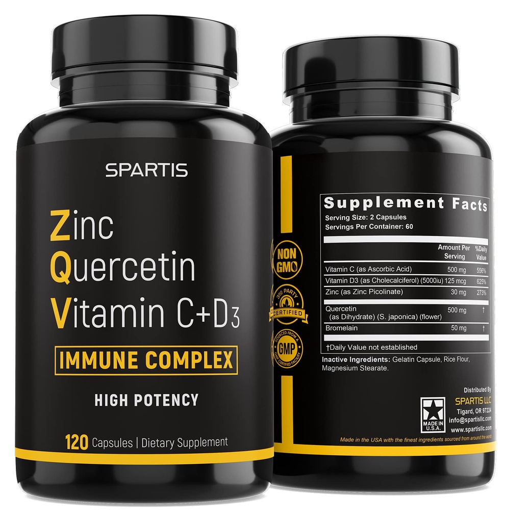 Zink Quercetin 500 mg med vitamin C Vitamin D3 Bromelain immunsupport Høj potens Quercetin ZQV ved SPARTIS (pakning med 1 flaske ved 120- Caps)