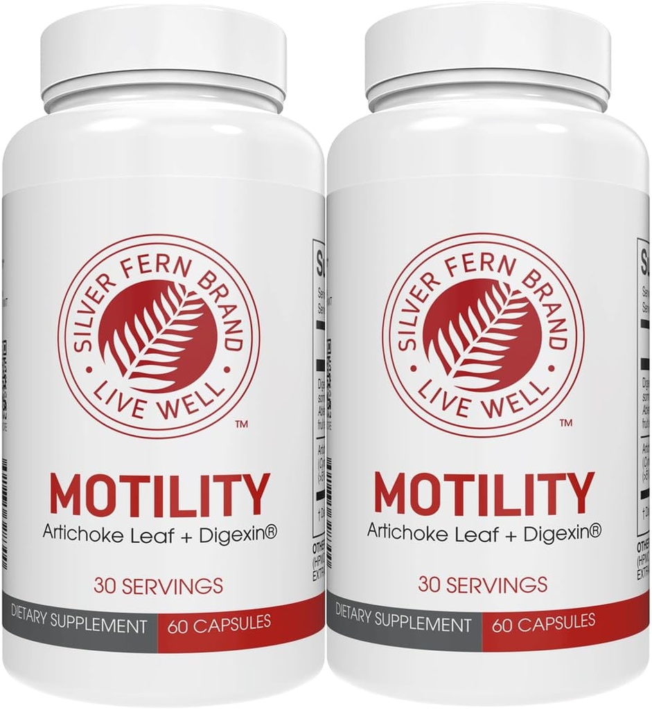 Sølv Fern Brand Motility- Non- Laxative Forstoppelse og langsom motilitet Boost - 120 kapsler, 60 dages forsyning - Indeholder Artiskoke Leaf, Tender Okra Pods, & Winter Cherry