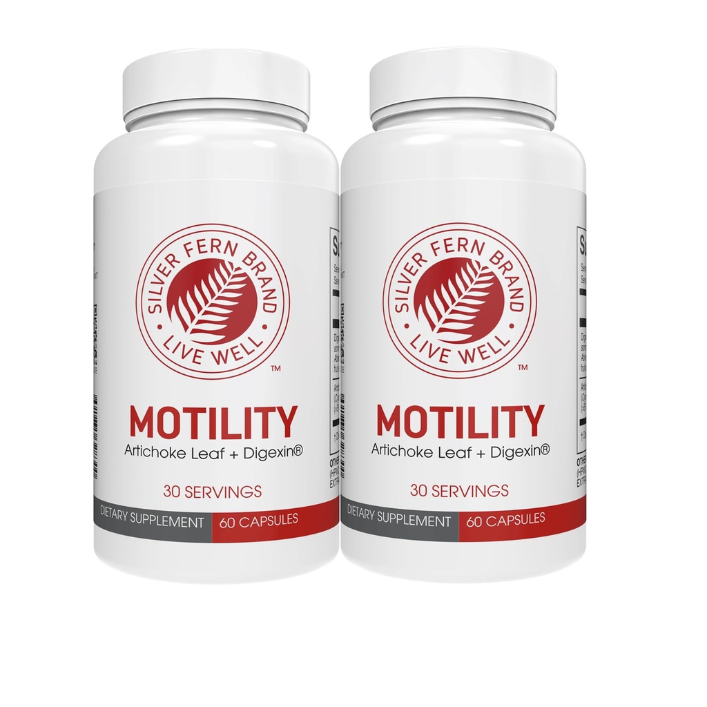 Sølv Fern Brand Motility- Non- Laxative Forstoppelse og langsom motilitet Boost - 120 kapsler, 60 dages forsyning - Indeholder Artiskoke Leaf, Tender Okra Pods, & Winter Cherry