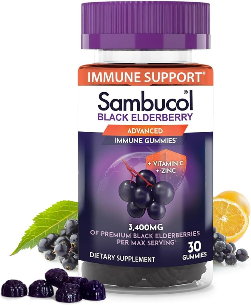Sambucol Black Elderberry Gummies - Elderberry med zink og C-vitamin til voksne, Sambucus Gummies, immunforsvar - 30 Greve