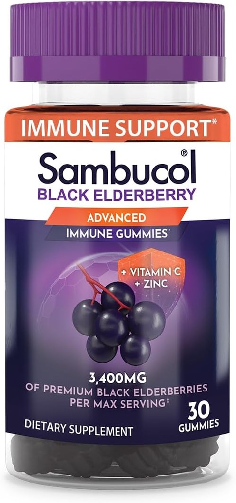 Sambucol Black Elderberry Gummies - Elderberry med zink og C-vitamin til voksne, Sambucus Gummies, immunforsvar - 30 Greve