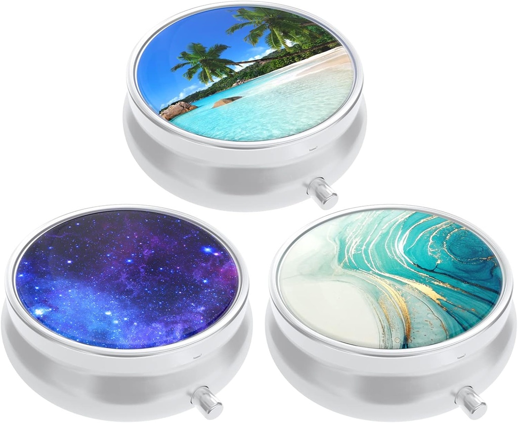 3 Pack Pill Box, Small Pill Case for Purse & Pocket, Cute Travel Medicine Organizer, Portable Medicine Container Holder to Hold Vitamins, Medication, Fish Oil & Supplement, Beach & Galaxy