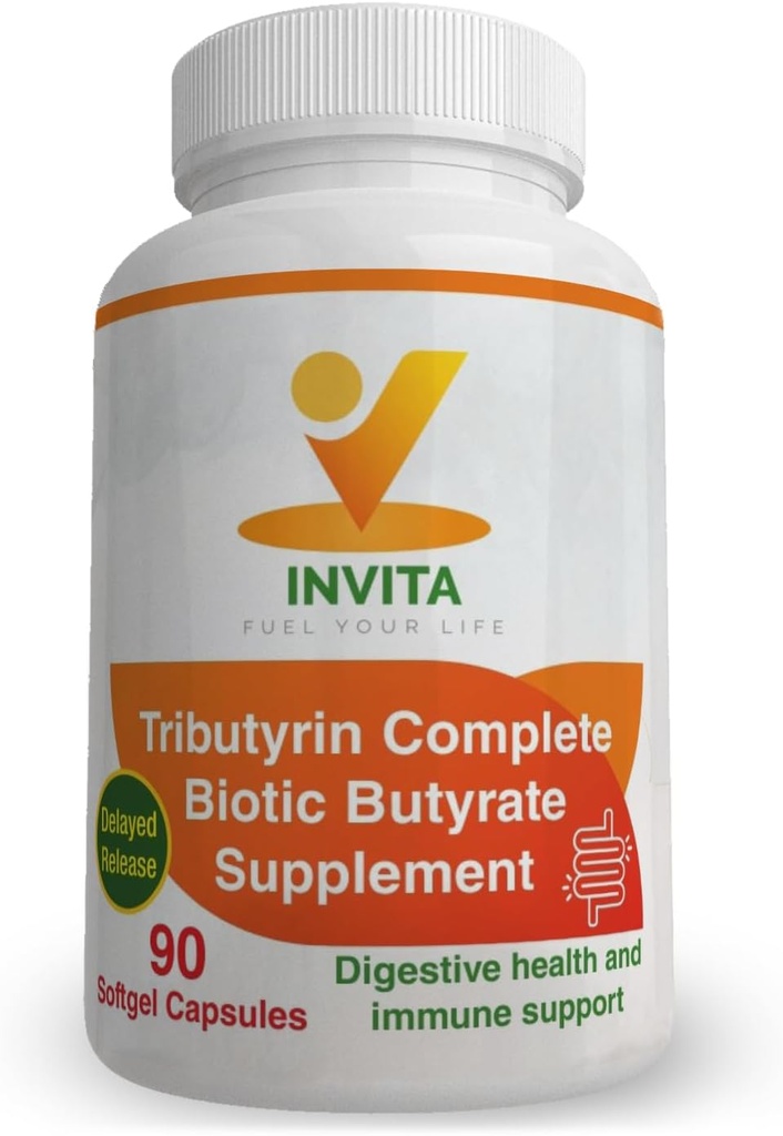 INVITA tributyrin Complete Butyrate Supplement (550mg) - fordøjelsestilskud til mænd og kvinder - immunsupportkapsler - probiotika kapsler til fordøjelsessygdomme - Gut Support Supplement
