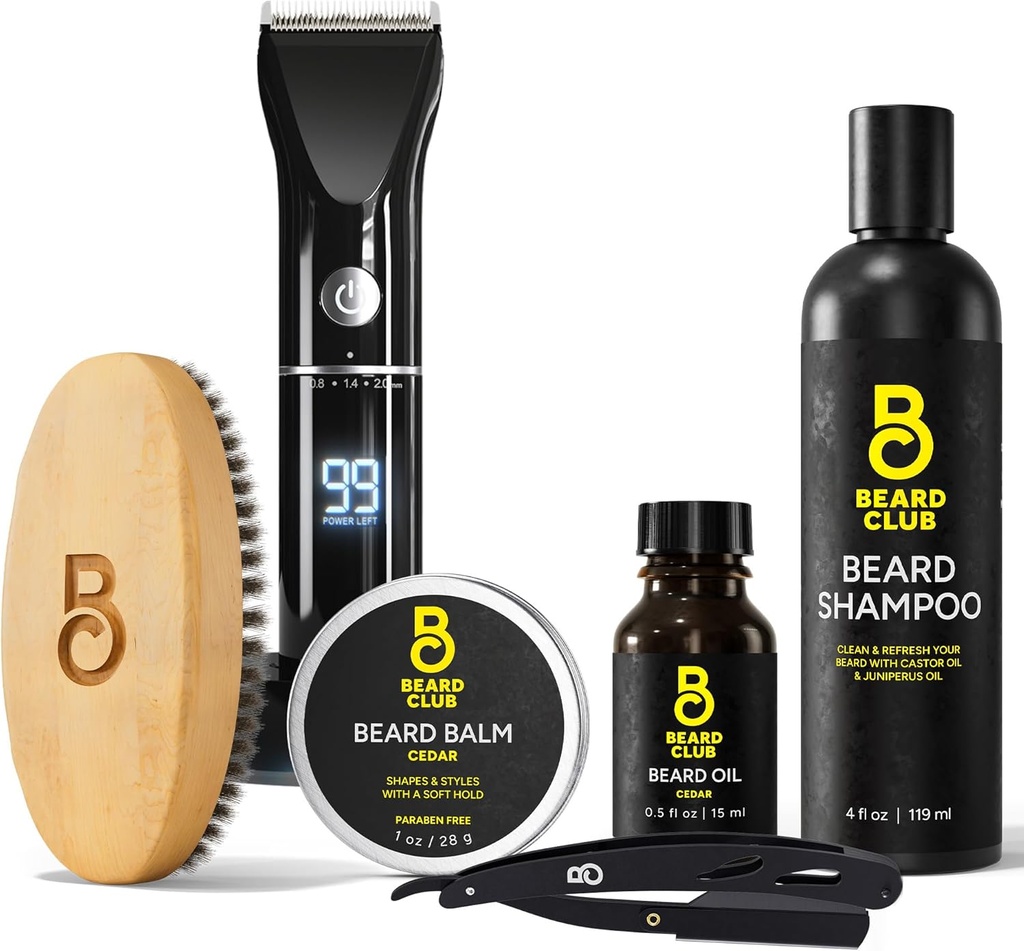 The Beard Club Grooming Bundle: Trimmer til mænd & Care Kit - Inkluderer Cordless Electric Trimmer, Straight Edge Razor, Shampoo, Cedar Balm & Oil, Brush - 8 Guides, 45 Lungths