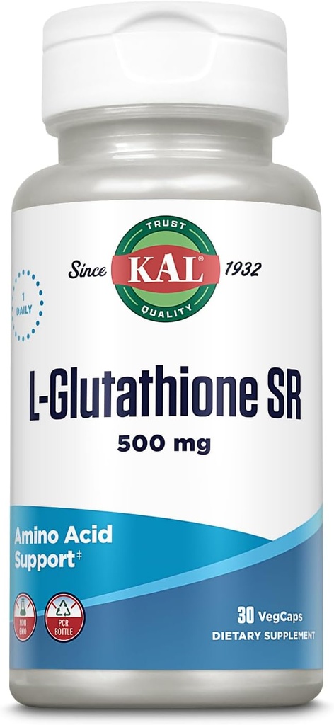 KAL L- Glutathione SR, Reduceret Glutathione supplement, høj Absorption Antioxidant supplement, Lab Verified, 30 Servere, 30 VegCaps