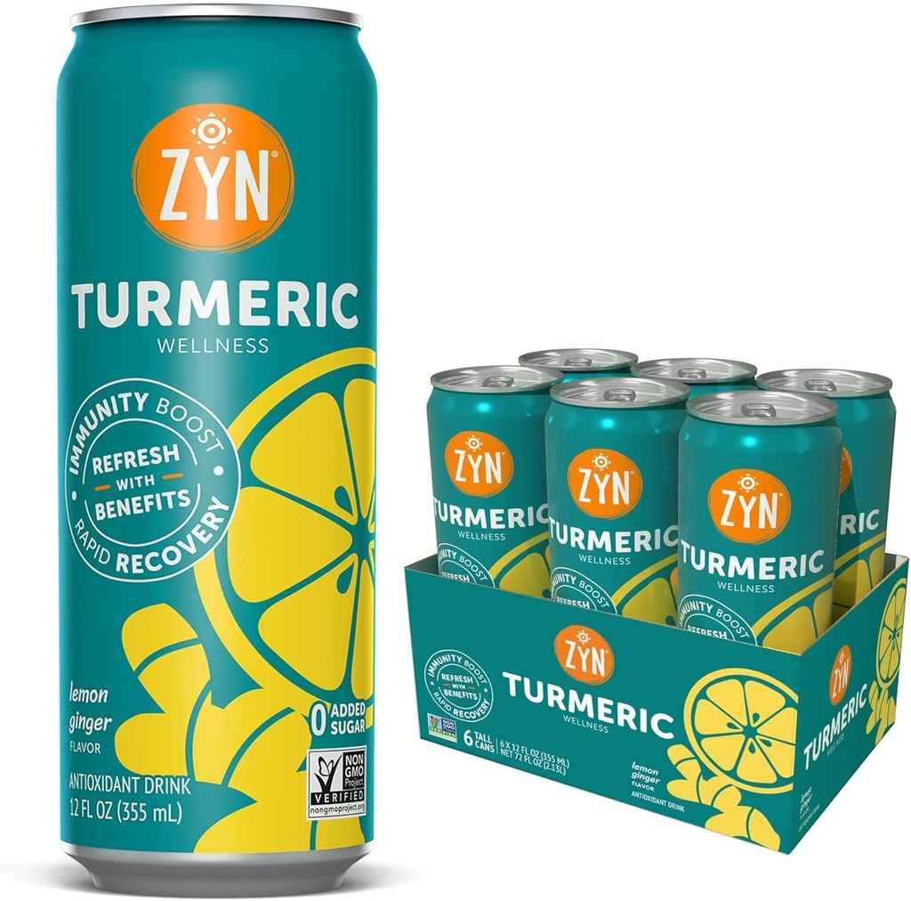 ZYN gurkemeje Wellness Drink (6 Pack), Lemon Ginger Flavored Gurkemeje Drink med sort peber, Ingen tilsat sukker, lav Carb & lav kalorie Drink, Clean Alternative