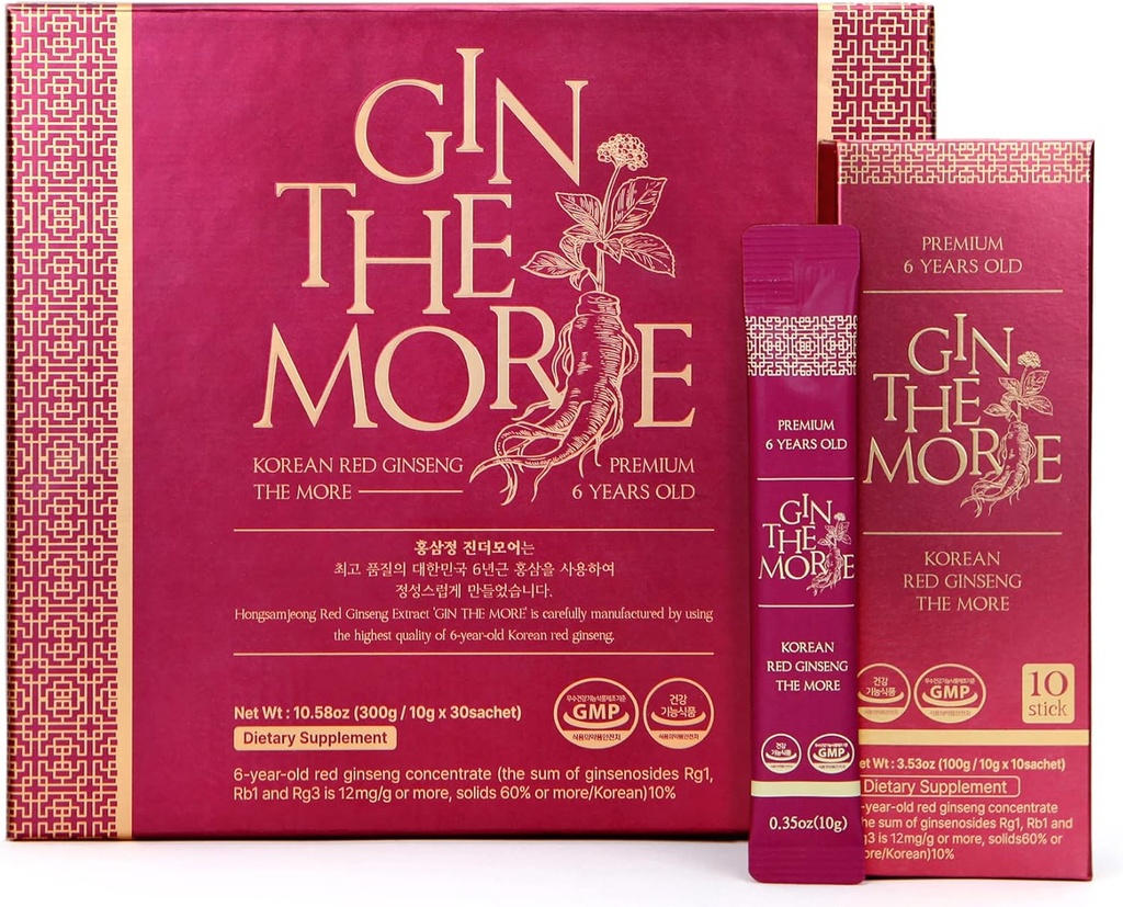 [Gin The More] Koreansk Rød Ginseng - 30 Sachets Koreansk Ginseng Extract - Premium Ginseng Extract 6 År med ingen konserveringsmidler, Fillers - Pleasant Smag - Nutrient Packed Immunity Shot