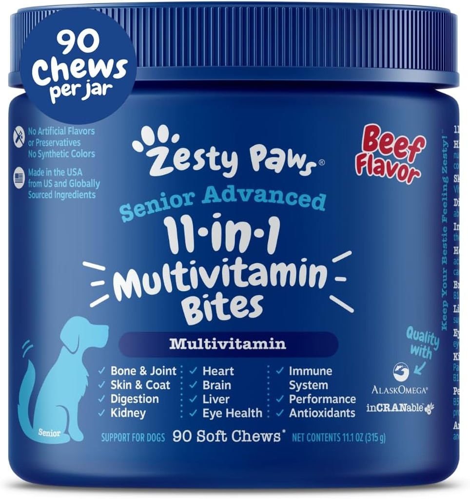 Zesess Paws Senior Hund Multivitamin Treats - Glucosamin til hunde + fordøjelsesenzymer & probiotika - Grain Free Hund Vitaminer og Kosttilskud til hud & Coat + immunforsvar oksekød - Advanced - 90ct