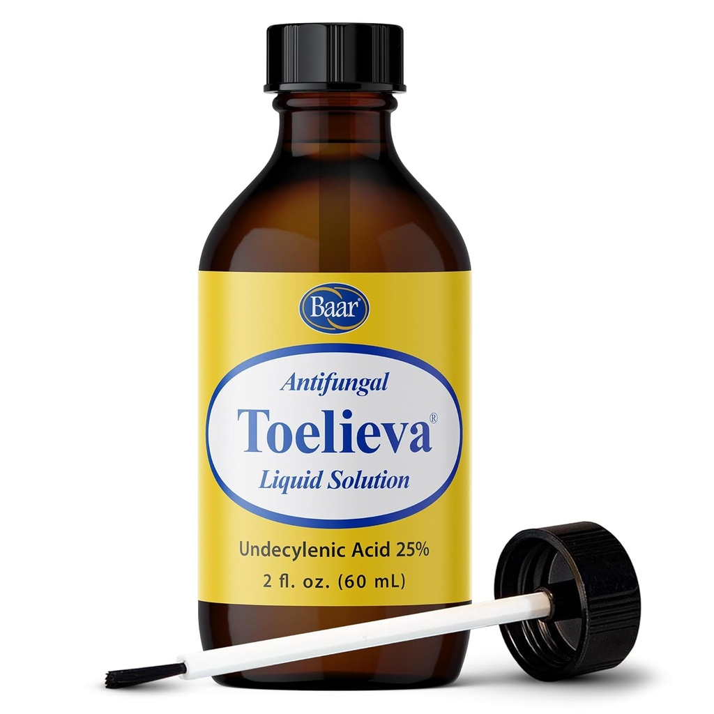 Baar Products - Toelieva Antifungal Liquid Solution - 25% Undecylensyre, Økologisk Olivenolie, Grapefrugt Seed Extract - Maksimal styrke - Fights Svampe under & omkring Toenails - 2 oz
