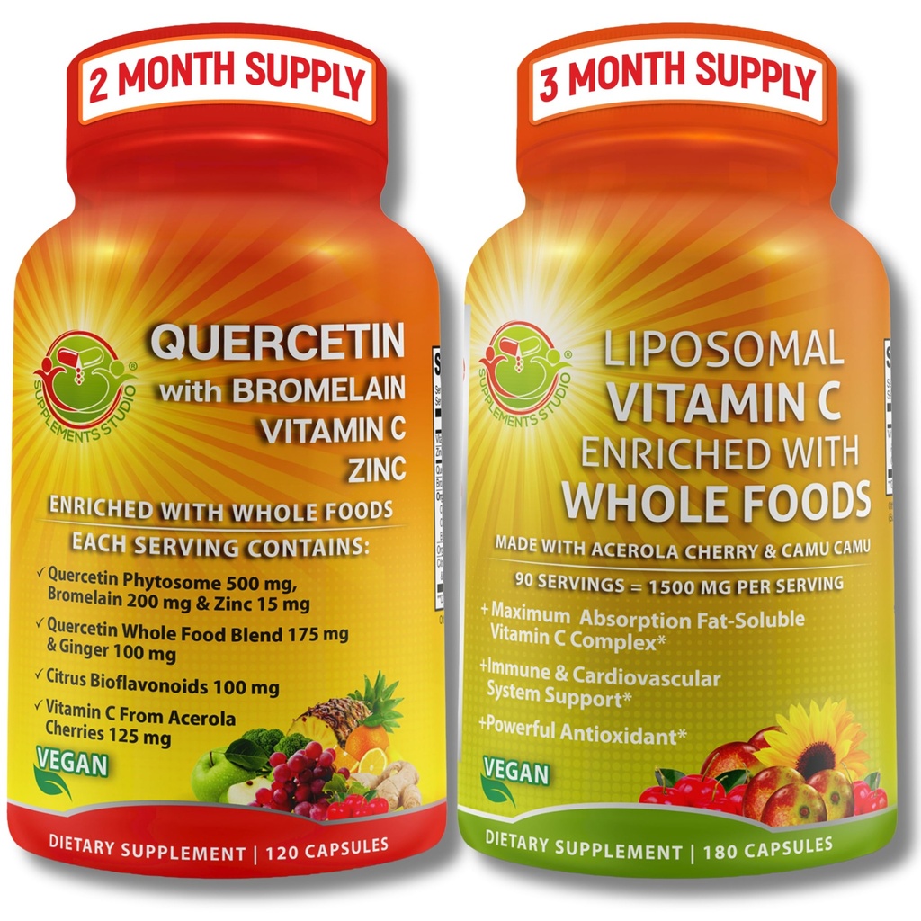 Quercetin med Bromelain, C-vitamin & Zink & Liposomal C-vitamin 1500mg - immunsupportbundle med økologisk Acerola Cherry, Camu Camu & hele fødevarer antioxidanter - Vegan, non-GMO, Clean Label
