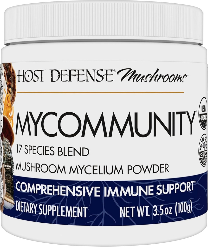 Værtsforsvar MyCommunity Powder - 17 Arter Blend Mushroom supplement til immunforsvar - Uddrag med Lions Mane, Reishi, Chaga, Cordyceps, Tyrkiet Tail & Mere - 100g (66 Servere) *