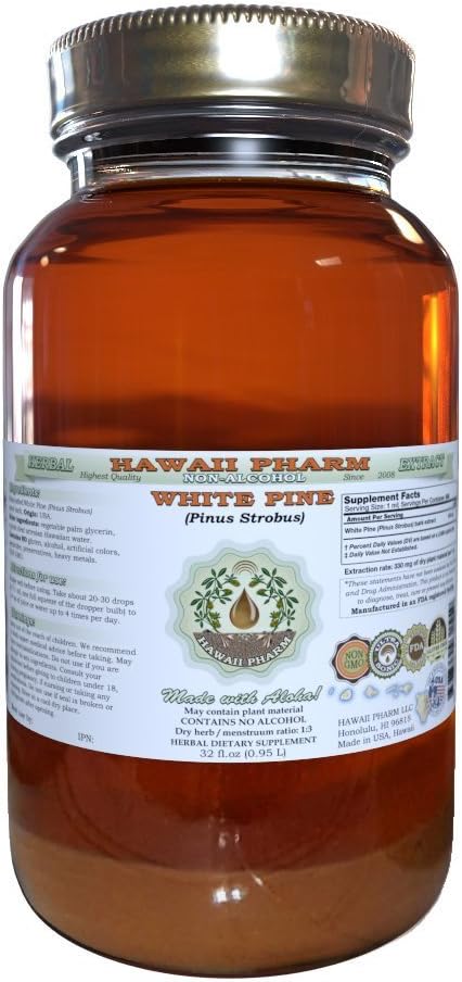 White Pine Alcohol-Free Liquid Extract, White Pine (Pinus Strobus) Dried Bark Glycerite Natural Herbal Supplement, Hawaii Pharm, USA 32 fl.oz