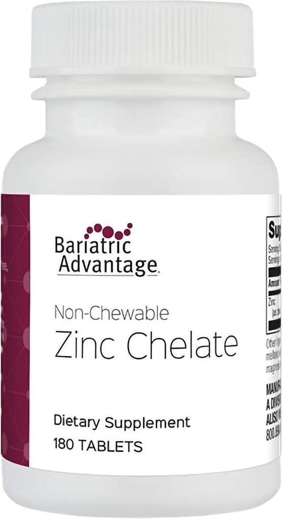 Bariatric Advantage Non Chewable Zinc Chelate, Highly Absorbable 20 mg Zinc Arginine and Zinc Glycine Tablets for Bariatric Surgery Patients - 180 Tablets