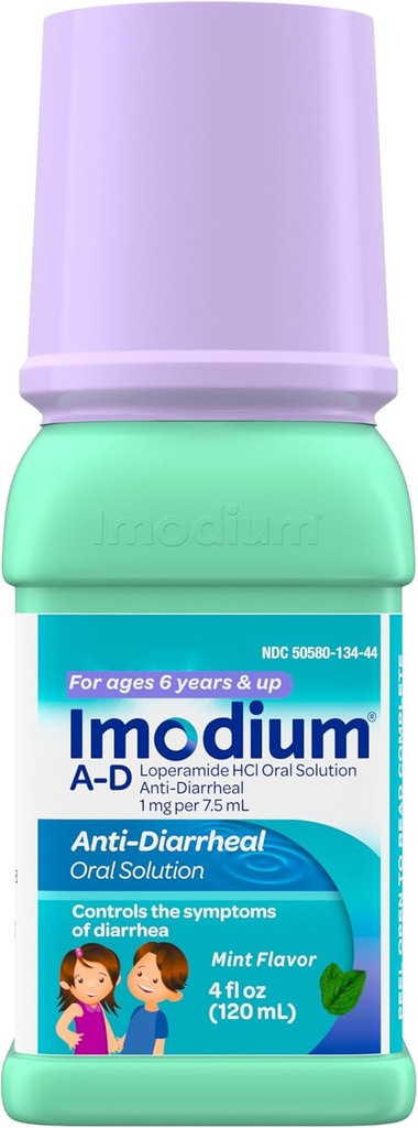 Imodium A- D Børns Væske Anti- Diarré Medicin med Loperamid HCl, Oral opløsning til Diarré Symptombehandling & Kontrol for børn i alderen 6 +, Mint Flavor, 4 fl. oz