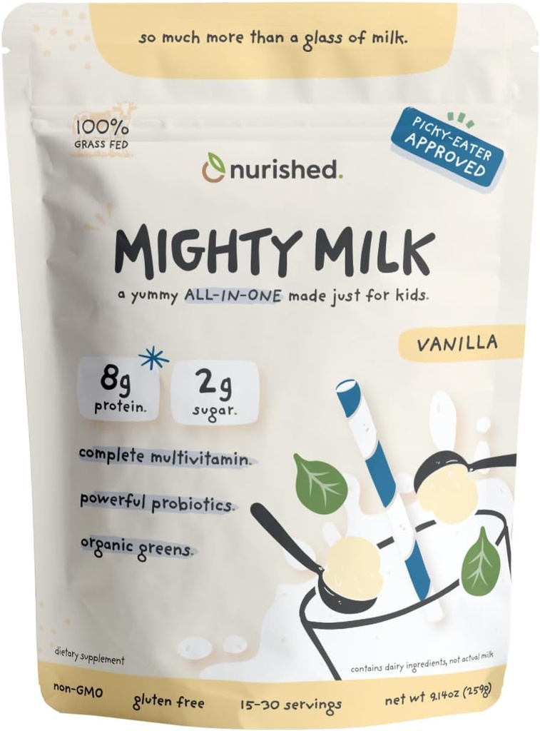 Vanilla Mighty Milk - Kids All- in- One Daily Protein Powder & Multivitamin Boosted med 2 Millioner Probiotika & Økologisk Spinat - Naturlige smagsstoffer, Farver og sødestoffer - 15-30 Servering