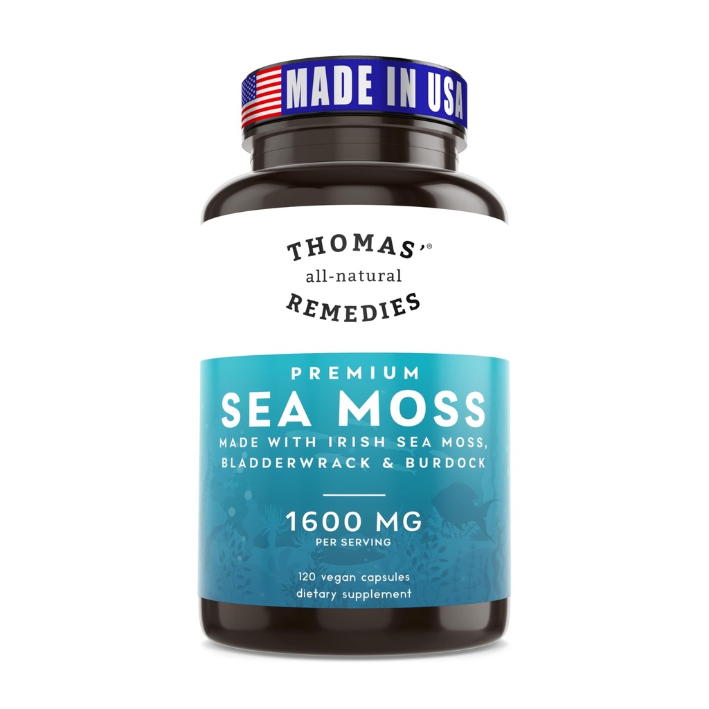 Thomas 'all- Natural Remedies Irish Sea Moss Capsules, Sea Moss med Bladerwrack & Burdock Root Organic for Gut Health, fordøjelse, Energi & immunforsvar, 120 Seamoss Pills