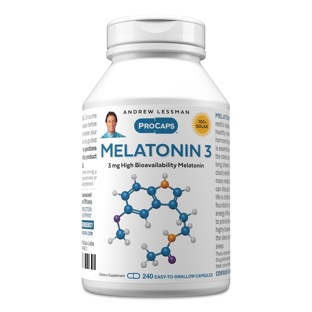 ANDREW LESSMAN Melatonin-3 mg - 240 kapsler - Fysiologisk afbalancerede niveauer til naturligt fremme Renestful søvn. Regulerer Daily Circadian Rhythm. Letter søvn. Ingen morgentømmermænd