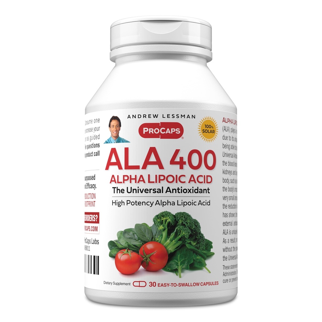 ANDREW LSSMAN Alpha Lipoic Acid ALA 400mg - 30 kapsler - Universal Antioxidant, Ultra-High Potency, Ingen tilsætningsstoffer