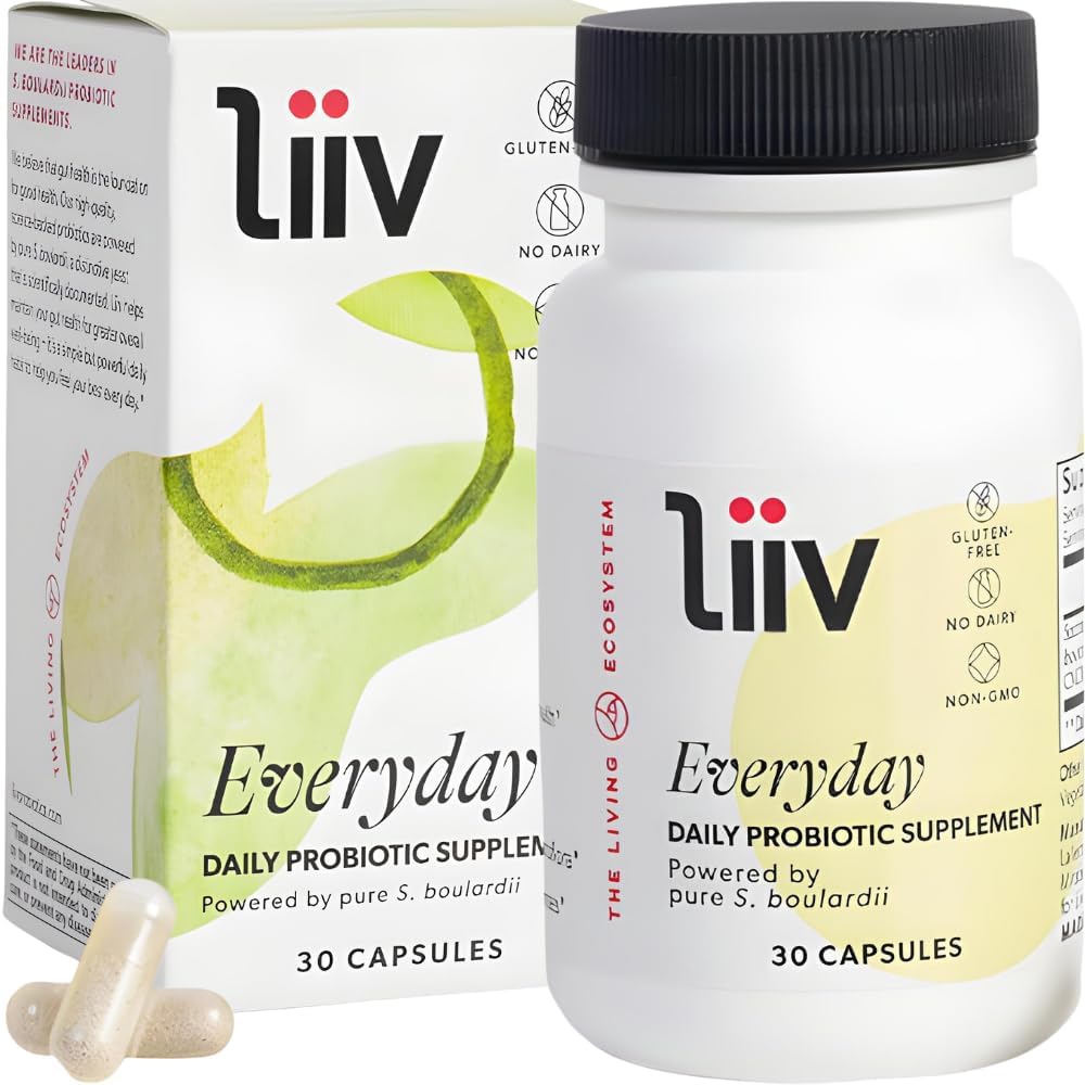 LiiV Premium Everyday Probiotic til fordøjelse og immunforsvar, Pure S. boulardii for kvinder & mænd, 5 milliarder CFU 'er, Sund Microbiome Balance - 30 vegetariske kapsler