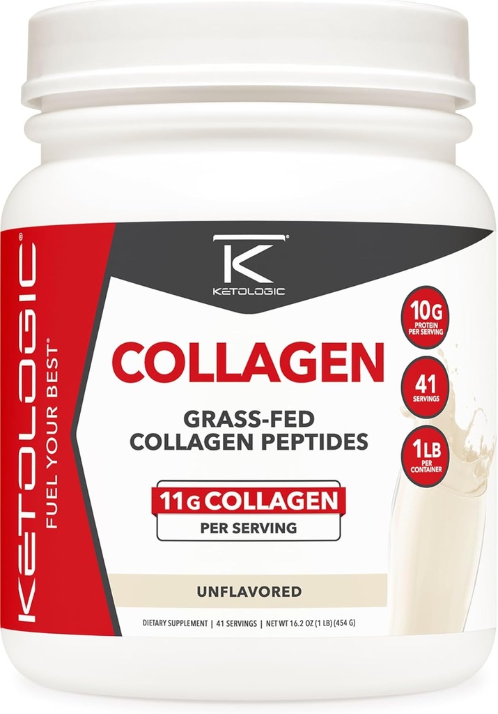 Ketologisk grass Fed Collagen Hydrolysat Powder (Unflavored) (1 LB) - 41 Servering, 11 G Collagen Per Servering, 10 G Protein Per Servering - Grassefed Collagen Peptider
