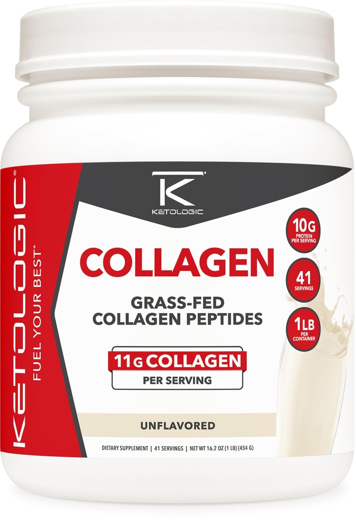 Ketologisk grass Fed Collagen Hydrolysat Powder (Unflavored) (1 LB) - 41 Servering, 11 G Collagen Per Servering, 10 G Protein Per Servering - Grassefed Collagen Peptider