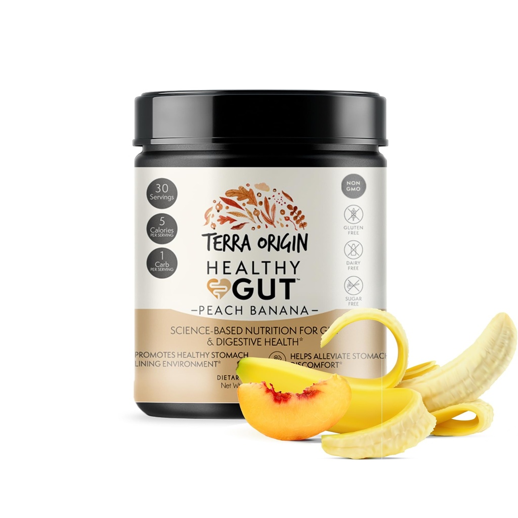 TERRA OPRINCIN Sund Gut Peach Banana Note 124; 30- Servering med L- Glutamin, Zink, Glucosamin, Slippery Elm Bark, Marshmallow Root og mere!