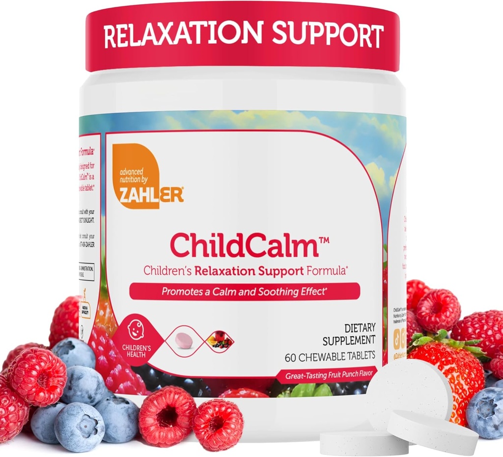 Zahler ChildCalm, Kosher Fruit Punch Chewable Magnesium for Kids - Natural Calm, Mood Support, og Afslapning - Calming Kids Magnesium Supplement Childrens Magnesium, 60 tabletter
