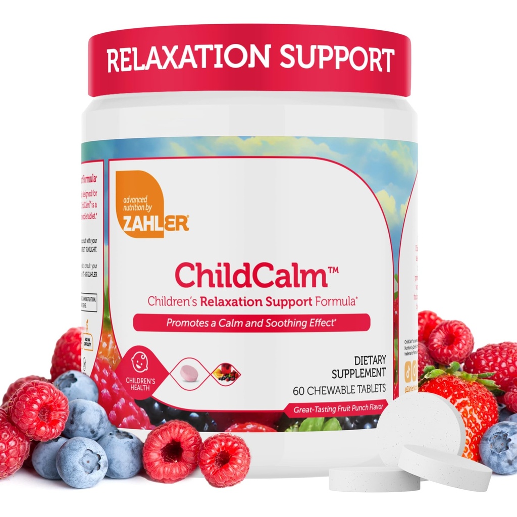 Zahler ChildCalm, Kosher Fruit Punch Chewable Magnesium for Kids - Natural Calm, Mood Support, og Afslapning - Calming Kids Magnesium Supplement Childrens Magnesium, 60 tabletter