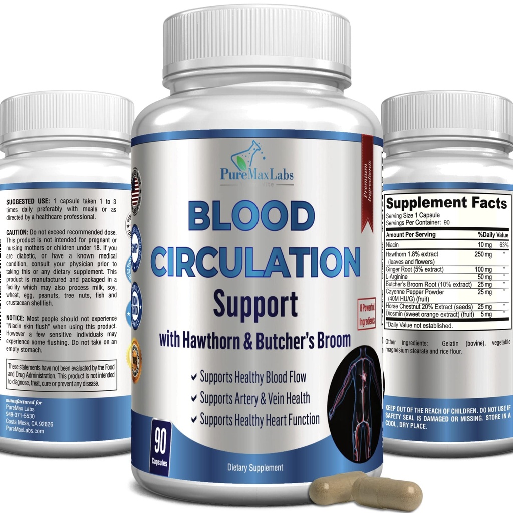 Blood Circulation Supplement - med Hawthorn, Slagtere Broom, Horse Chestnut, Arginin, Diosmin, Varicose Veins Behandling, Circulation Support - 90 Kapsler