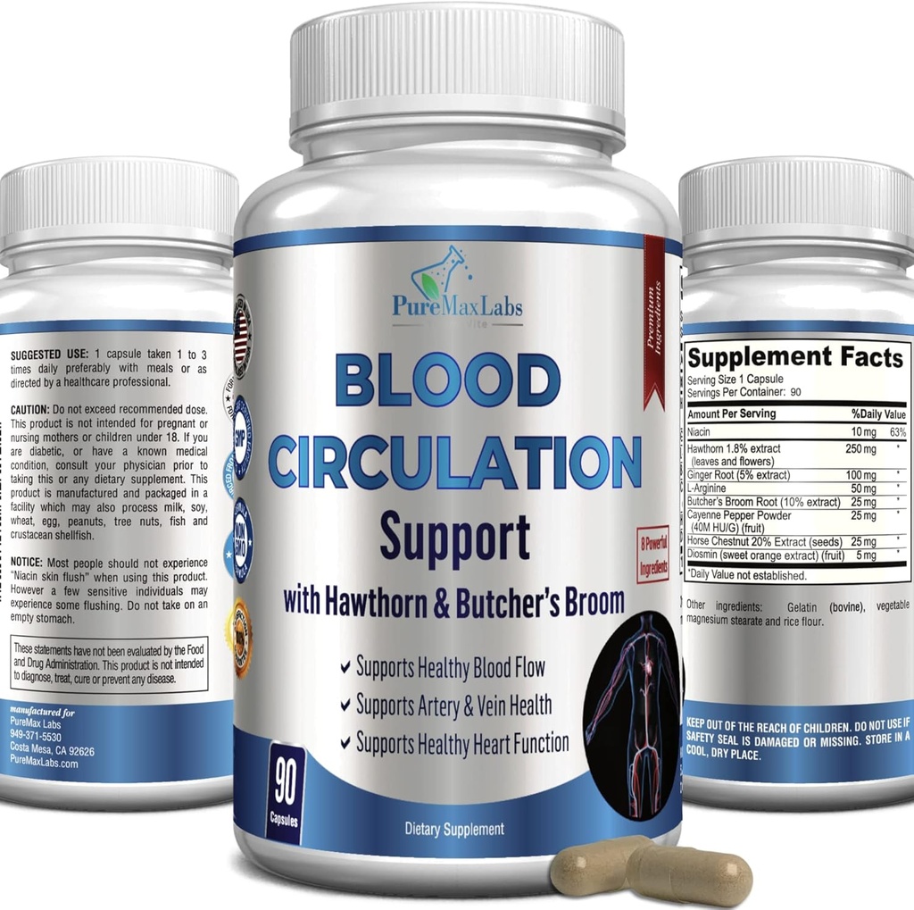 Blood Circulation Supplement - med Hawthorn, Slagtere Broom, Horse Chestnut, Arginin, Diosmin, Varicose Veins Behandling, Circulation Support - 90 Kapsler